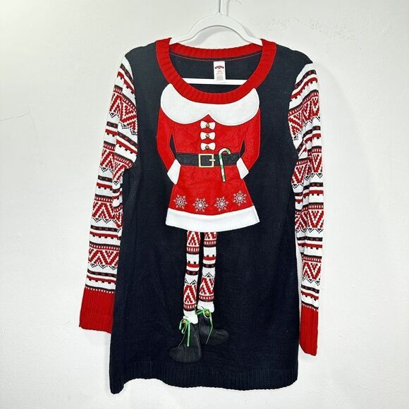 Women’s Holiday Time Ugly Christmas Elf  Sweater Bells Bling Swinging Legs Large - Picture 1 of 11